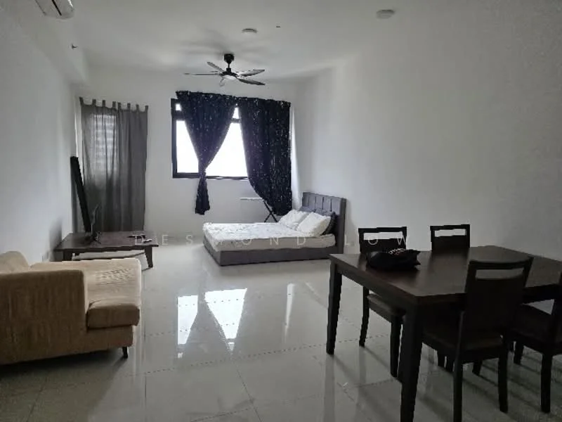 Living features: cream painted walls, white tiled flooring, 5-blade ceiling fan, floor-to-ceiling windows, sheer curtains, blackout curtains, sofa in beige fabric, queen-size bed with grey upholstered headboard, wooden dining table with four chairs, TV console, wall-mounted TV, decorative mirror; style: modern.