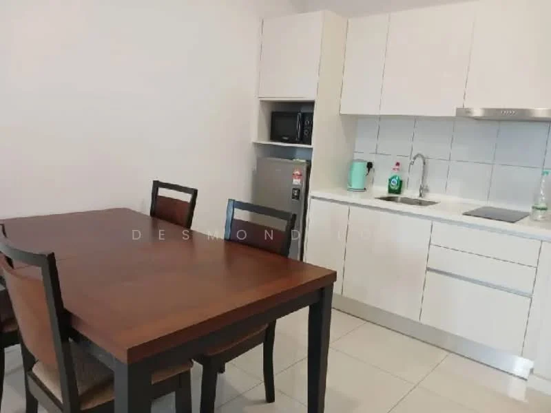 Kitchen features: white cabinetry, stainless-steel sink, chrome pull-down faucet, built-in oven, microwave, stainless-steel fridge, ceramic tile flooring, white tiled backsplash, kettle, bottle of water, dining table with chairs; style: modern.