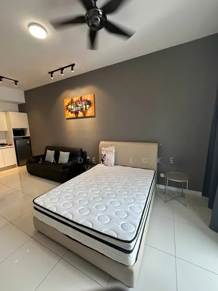 Bedroom features: queen-size bed, upholstered headboard, black leather sofa, ceiling fan, recessed LED downlights, grey painted walls, white tiled flooring, framed artwork, window with curtains; style: modern.
