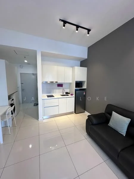 Kitchen features: white cabinetry, stainless-steel sink, chrome pull-down faucet, built-in oven, freestanding fridge, white quartz countertop, ceramic tile flooring, recessed downlights, open shelving, kitchen island, black accent wall; style: modern. Living features: black leather sofa, decorative cushion, area rug, wall-mounted TV, recessed lighting; style: modern.