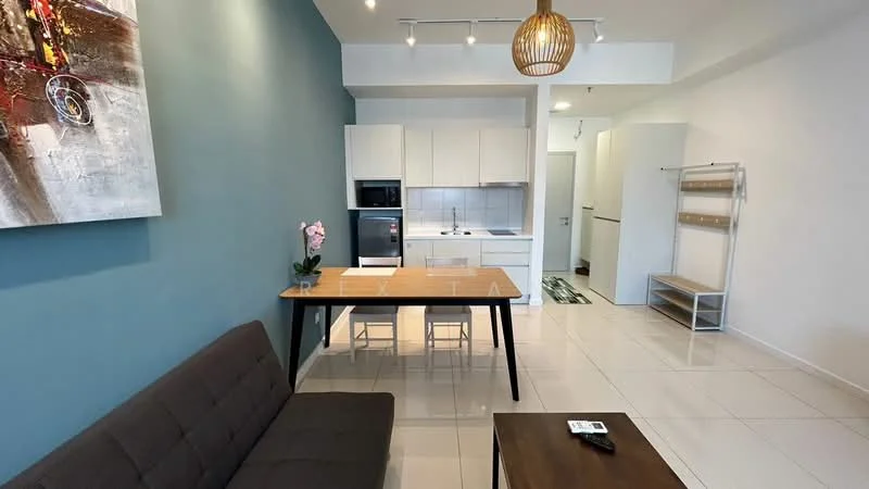 Living features: grey fabric sofa, wood coffee table, dining table with two chairs, white kitchen cabinetry, black built-in oven, stainless-steel fridge, white countertop, tile flooring, blue accent wall, recessed ceiling lights, pendant light fixture, decorative wall art, potted plant; style: modern.