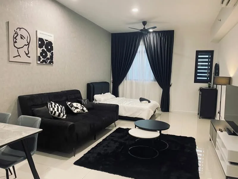 Living features: black fabric sofa, white bedding on bed, black coffee table, area rug in black, wall-mounted TV, TV console, dining table with 4 grey chairs, ceiling fan with light, white painted walls, curtains in black, windows with horizontal slats; style: modern.