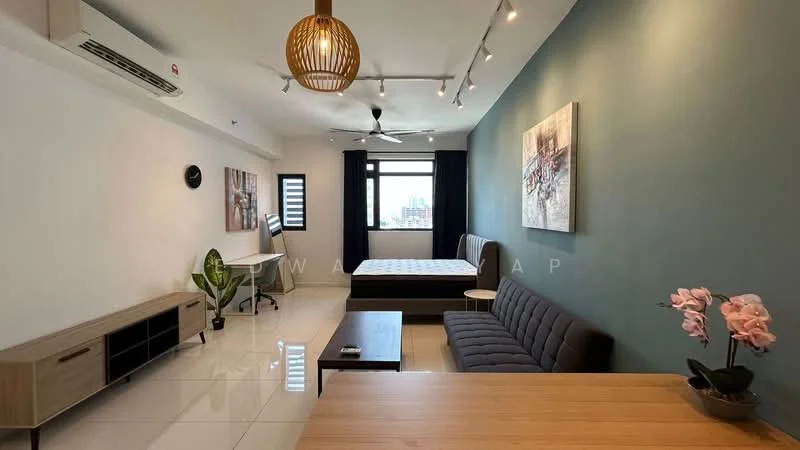 Room features: white painted walls, green accent wall, polished ceramic tile flooring, 5-blade ceiling fan, wall-mounted air conditioning unit, floor-to-ceiling window, queen-size bed, upholstered headboard, sofa in grey fabric, coffee table, TV console, decorative plant in pot, framed artwork, desk with chair; style: modern; view: city.