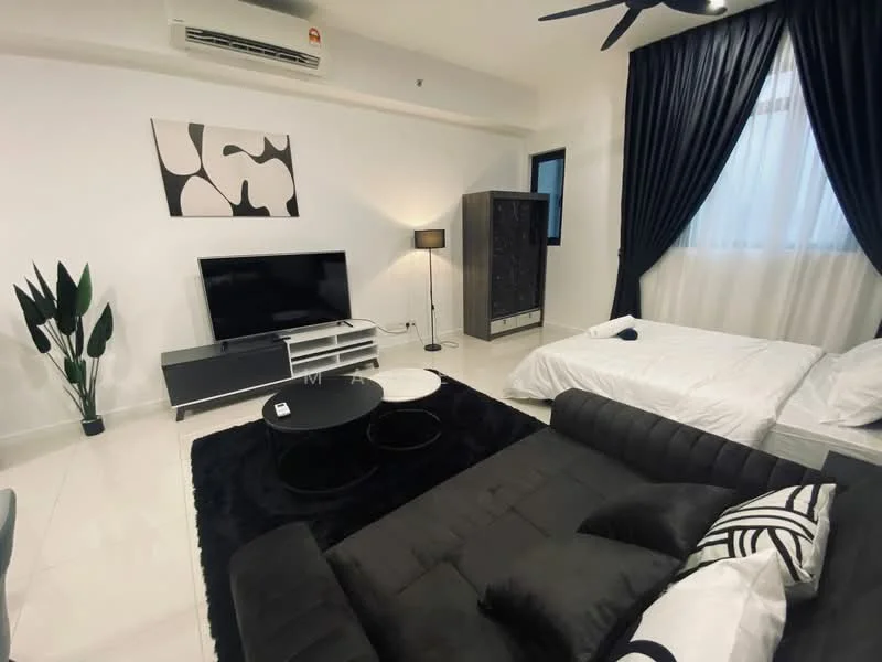 Living features: black fabric sofa, round coffee table, black area rug, wall-mounted TV, TV console, floor lamp, decorative wall art, plant in ceramic pot, white walls, large window with sheer curtains, ceiling fan with light, bed with white bedding, black wardrobe; style: modern.