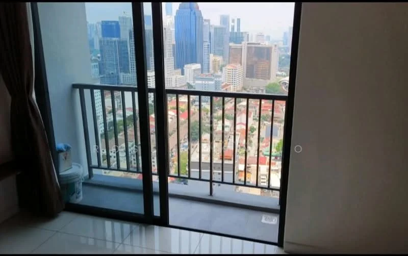 Room features: floor-to-ceiling sliding glass door, balcony with railing, city skyline view, white walls, glossy tile flooring, curtains, painted ceiling; style: modern; view: city.