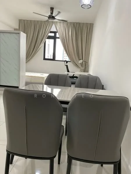 Dining features: 4-seater dining table with marble top, grey upholstered dining chairs, white walls, glossy tile flooring, ceiling fan, curtains, window with city view, decorative light fixture; style: modern; view: city. Room features: bed with mattress, study desk, chair.