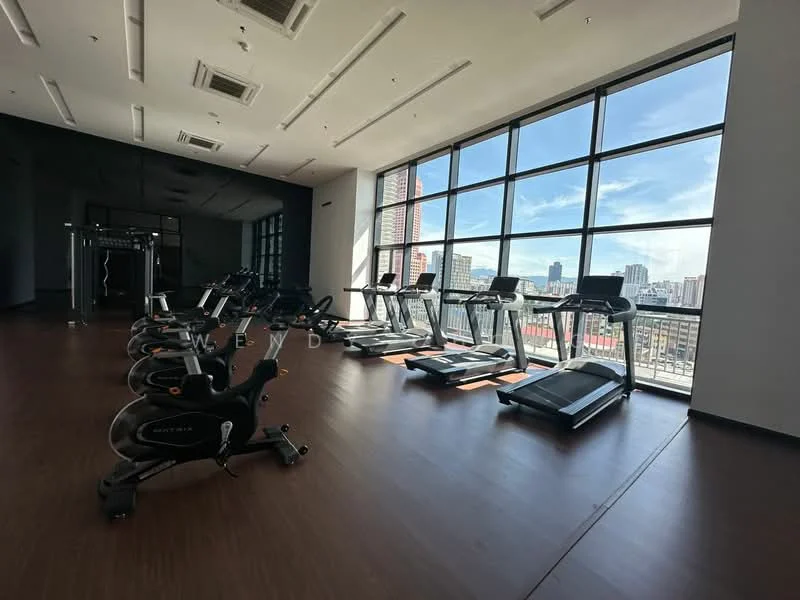 Room features: large floor-to-ceiling windows, city skyline view, wood laminate flooring, multiple treadmills, multiple stationary bikes, exercise equipment, high ceilings, bright natural light; style: modern; view: city.