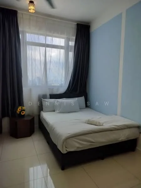 Bedroom features: queen-size bed, white bedding, two white pillows, dark wood bedside table, table lamp on bedside table, floor-to-ceiling window, sheer curtains, dark grey blackout curtains, light blue painted walls, glossy tile flooring, ceiling light fixture, decorative wall art; style: modern; view: city.