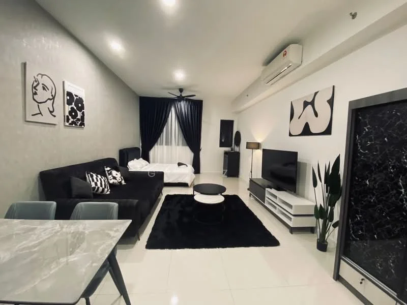 Living features: black fabric sectional sofa, white throw blanket on sofa, black and white abstract artwork on walls, black area rug, white coffee table, wall-mounted flat-screen TV, white TV console, black floor lamp, ceiling fan, black curtains, white walls, glossy tile flooring, green potted plant; style: modern.