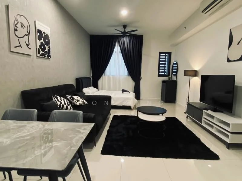 Living features: black fabric sofa, white bedding on bed, black and white decorative pillows, round black coffee table, white TV console, wall-mounted TV, black area rug, 5-blade ceiling fan, black floor lamp, framed artwork on walls, white walls, curtains, window with horizontal slats; style: modern.