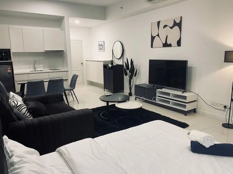 Living features: grey fabric sofa, black area rug, round coffee table, wall-mounted TV, TV console with storage, decorative wall art, floor lamp, indoor plants, dining table with 2 chairs, open kitchen layout, white cabinetry, stainless-steel fridge, white countertops, recessed lighting, air conditioning unit; style: modern.