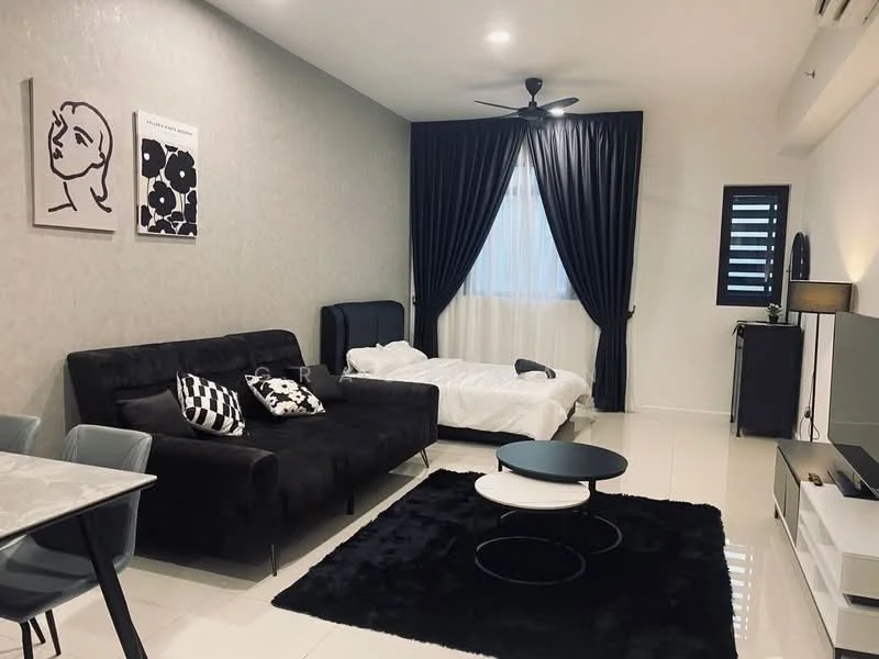 Living features: black fabric sofa, white bedding on bed, black area rug, round coffee table, dining table with four chairs, wall-mounted TV, ceiling fan, floor-to-ceiling window with sheer curtains, decorative wall art, black cabinet; style: modern.