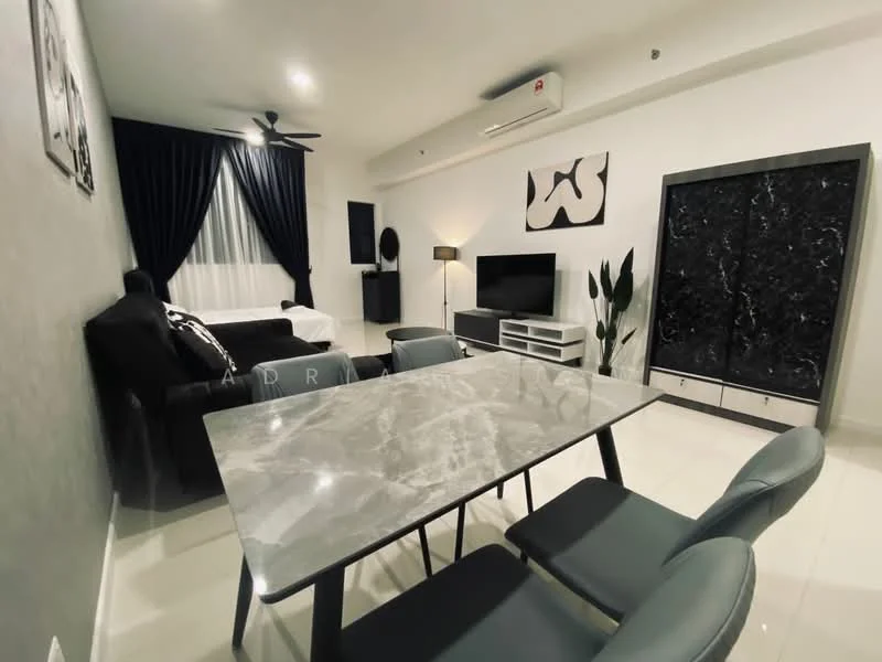 Living features: 3-seater fabric sofa in black, 2-seater fabric sofa in black, coffee table with marble top, TV console in white, wall-mounted TV, floor-to-ceiling windows with sheer curtains, 5-blade ceiling fan, recessed downlights, decorative wall art, potted plant, white painted walls, glossy tile flooring; style: modern.