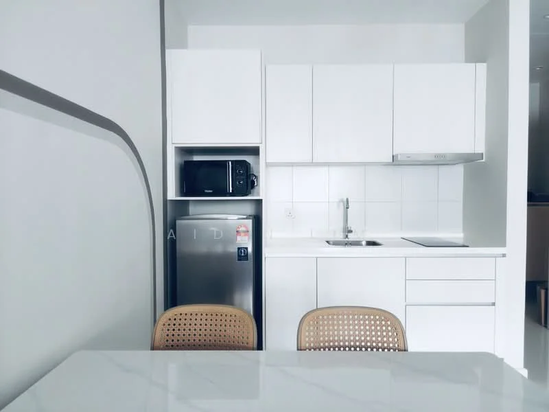 Kitchen features: white cabinetry, stainless-steel fridge, built-in microwave, single-bowl stainless-steel sink, chrome pull-down faucet, ceramic tile backsplash, white countertop, built-in stove, two rattan dining chairs, marble dining table; style: modern.