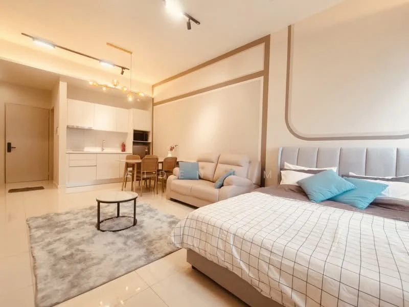 Living features: queen-size bed with grey upholstered headboard, plaid bedding in white and grey, 3-seater fabric sofa in light grey, round coffee table with black legs, area rug with soft texture, wall-mounted lighting fixtures, dining table with four wooden chairs, kitchenette with white cabinetry, stainless-steel sink, built-in oven, refrigerator, open shelving, light-colored tiled flooring, decorative cushions in blue, neutral wall color with accent design; style: modern.