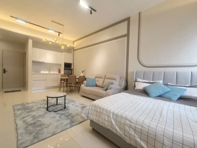 Living features: queen-size bed with grey upholstered headboard, plaid bedspread, sofa in light grey fabric, coffee table with black metal frame, area rug with soft texture, dining table for four in light wood, white cabinetry in kitchen area, stainless-steel sink, chrome faucet, recessed downlights, pendant lighting above dining area, floor-to-ceiling windows, cream painted walls, glossy tile flooring; style: modern.