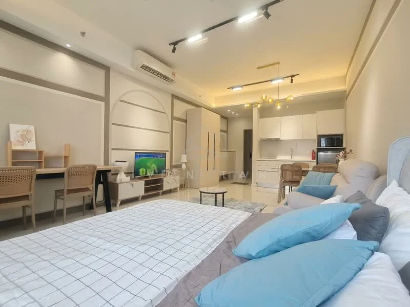 Living features: queen-size bed with grey bedding, upholstered headboard, two blue throw pillows, 3-seater fabric sofa in light grey, coffee table, wall-mounted TV, dining table for two with wooden chairs, kitchenette with white cabinetry, built-in microwave, refrigerator, stainless-steel sink, light fixture with multiple bulbs, air conditioning unit, grey area rug, decorative wall art; style: modern.