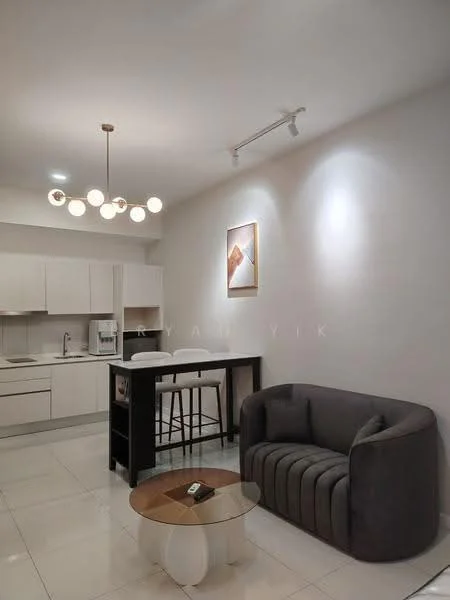 Living features: grey fabric sofa, round glass coffee table, white painted walls, recessed downlights, pendant light fixture with multiple bulbs, open-plan layout, kitchen island with bar stools, white cabinetry, stainless-steel fridge, built-in oven, ceramic tile flooring; style: modern.