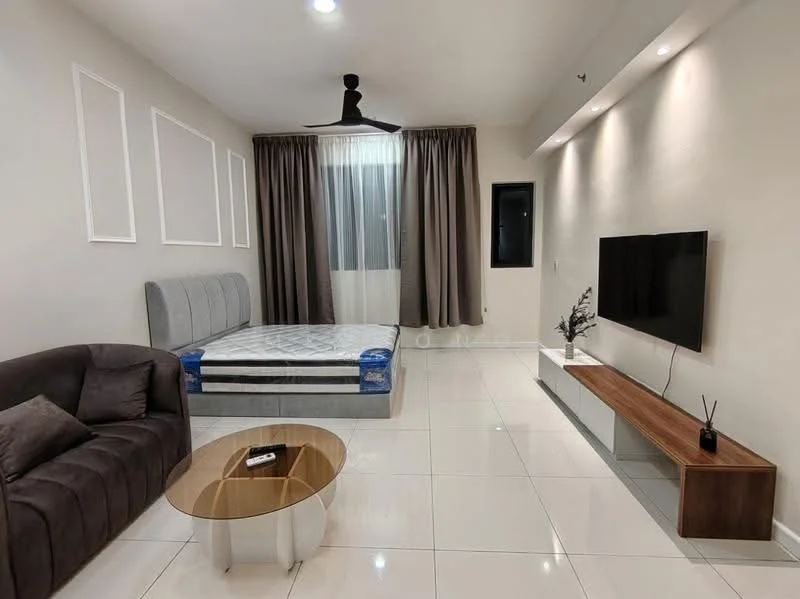 Living features: grey upholstered sofa, round glass coffee table, queen-size bed with grey upholstered headboard, white walls, recessed downlights, floor-to-ceiling window with sheer curtains, dark brown TV console, wall-mounted TV, wooden flooring, decorative plant in vase; style: modern.