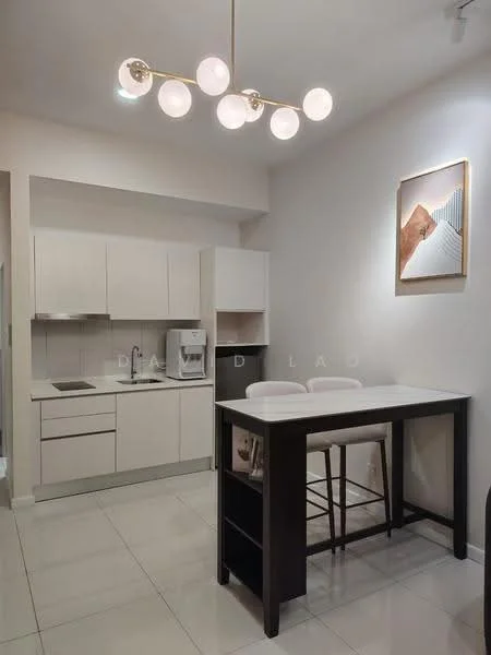 Kitchen features: white cabinetry, marble countertop, stainless-steel sink, chrome pull-down faucet, built-in oven, freestanding range oven, microwave, refrigerator, pendant light fixture, bar stools, tile flooring, white painted walls, framed artwork on wall; style: modern.