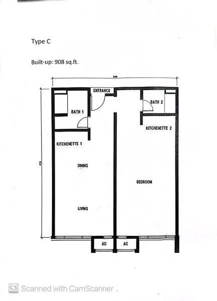 Floor plan: 1-bedroom 2-bathroom unit; features: open-plan living-dining layout, two kitchenettes, entrance area, two bathrooms, central air conditioning unit.
