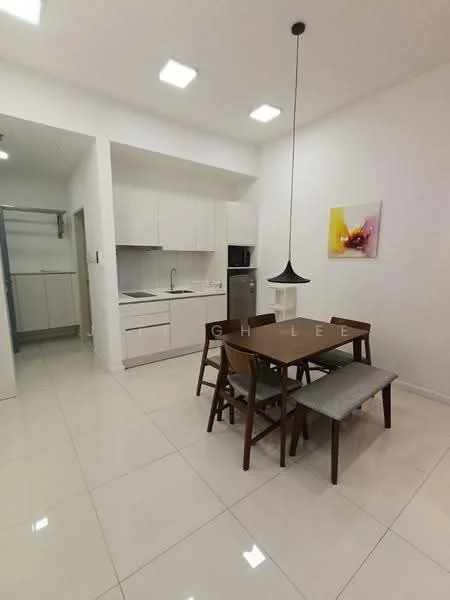 Kitchen features: white cabinetry, stainless-steel fridge, built-in oven, 4-burner gas hob, single-bowl stainless-steel sink, chrome pull-down faucet, white quartz countertop, white tiled backsplash, dining table with 4 wooden chairs, bench seating, pendant light, recessed ceiling lights, glossy tile flooring, open layout; style: modern.