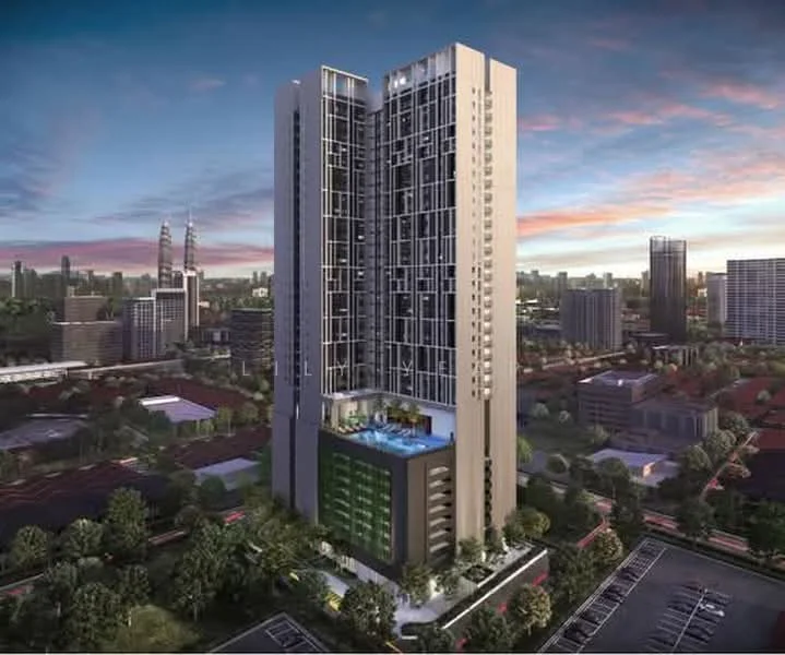 Exterior type: high-rise condominium; features: glass curtain wall, projecting balconies, infinity pool on podium level, landscaped garden area, surrounded by mature greenery, parking lot in foreground; style: modern.