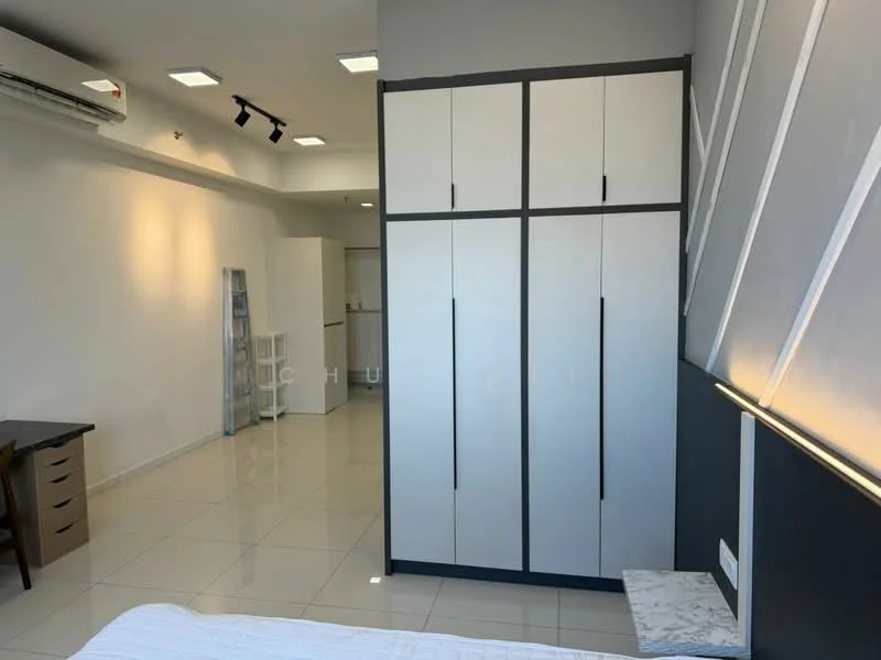 Room features: white walls, grey accent wall, glossy tile flooring, built-in wardrobe with white and black cabinetry, desk with drawers, recessed ceiling lights, wall-mounted air conditioning unit; style: modern.