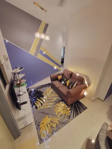 Living features: brown leather sofa, decorative cushions, TV console, wall-mounted TV, area rug with tropical pattern, recessed lighting, hanging pendant light, accent wall with grey and yellow stripes, fairy lights, white shelving unit; style: modern.