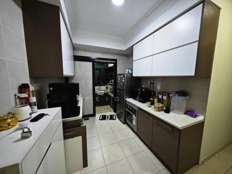 Kitchen features: white upper cabinets, brown lower cabinets, stainless-steel fridge, built-in oven, black countertop, ceramic tile flooring, single-bowl stainless-steel sink, chrome pull-down faucet, wall-mounted microwave, kitchen island, recessed downlights, window with view, open shelving, decorative items on countertop; style: modern.