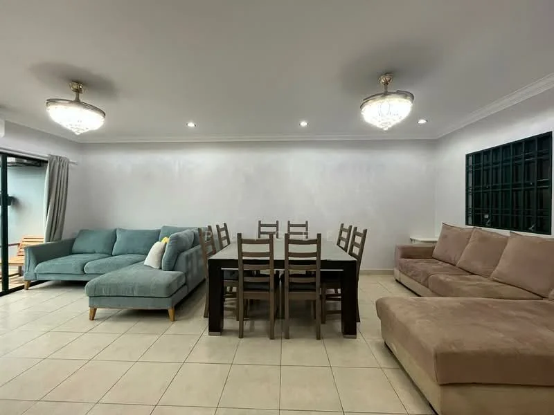 Living features: L-shape sectional sofa in beige, 3-seater fabric sofa in teal, dining table with 8 chairs, tile flooring, recessed downlights, 2 chandelier lights, floor-to-ceiling windows, curtains, decorative wall with light grey finish; style: modern.