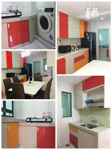Kitchen features: red and orange cabinetry, cream cabinetry, white countertop, stainless-steel sink, chrome pull-down faucet, built-in gas hob, built-in oven, microwave, fridge, washing machine, dining table with four chairs, pendant lighting, tile flooring, green backsplash; style: modern.