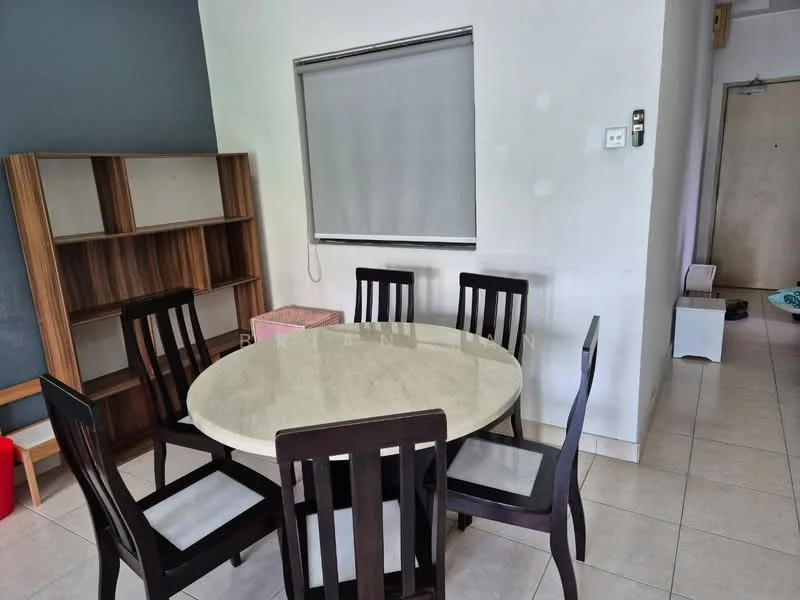 Dining features: round dining table with marble top, 6 wooden dining chairs, cream tiled flooring, grey accent wall, window with roller blinds, built-in wooden shelving unit, white painted walls, doorway leading to another room; style: modern.