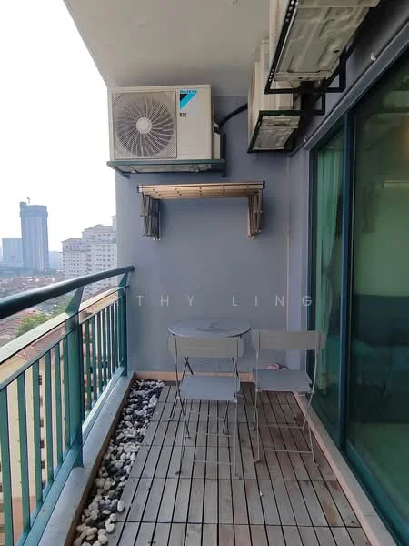 Room features: balcony, wooden decking, metal table, two folding chairs, wall-mounted air conditioning unit, glass railing, city view; style: modern; view: city.