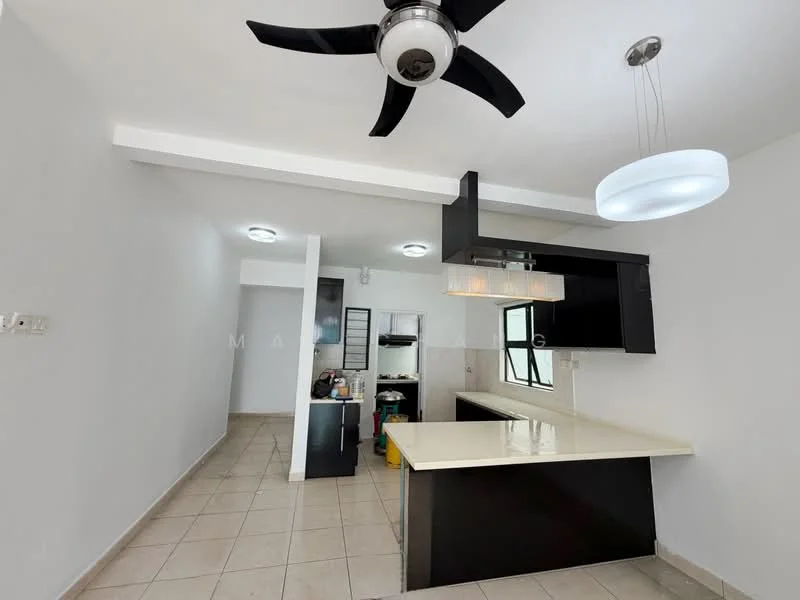 Kitchen features: white painted walls, tile flooring, 5-blade ceiling fan with light, pendant light, black cabinetry, white countertop, kitchen island, built-in oven, stainless-steel sink, chrome pull-down faucet, open shelving, refrigerator, microwave; style: modern. Room features: white painted walls, tile flooring, natural light from windows.