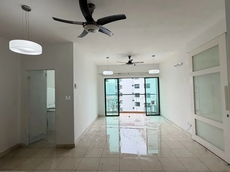 Living features: white painted walls, glossy tile flooring, 5-blade ceiling fan with light, 2 pendant lights, floor-to-ceiling sliding glass doors, balcony access, open layout, natural light from large windows; style: modern; view: city. Room features: white painted walls, glossy tile flooring, doorway leading to bathroom, open layout.
