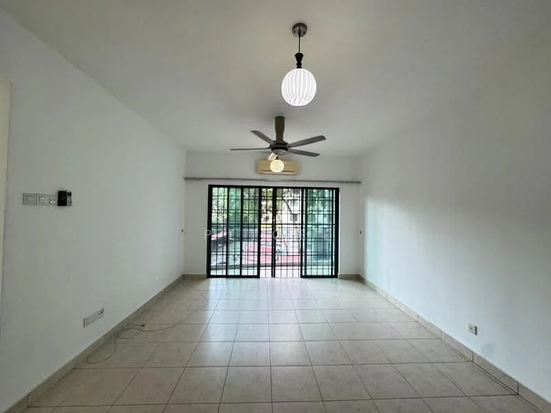 Living features: white painted walls, tile flooring, 5-blade ceiling fan with light, 2 pendant lights, floor-to-ceiling sliding glass doors, black metal grille, natural light from outside; style: modern; view: garden.