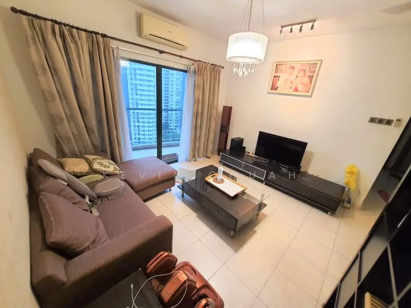 Living features: 3-seater fabric sofa in brown, coffee table, TV console, wall-mounted TV, floor-to-ceiling windows, sheer curtains, recessed downlights, chandelier, light-colored tiled flooring, decorative wall art, area rug, decorative plants; style: modern; view: city.