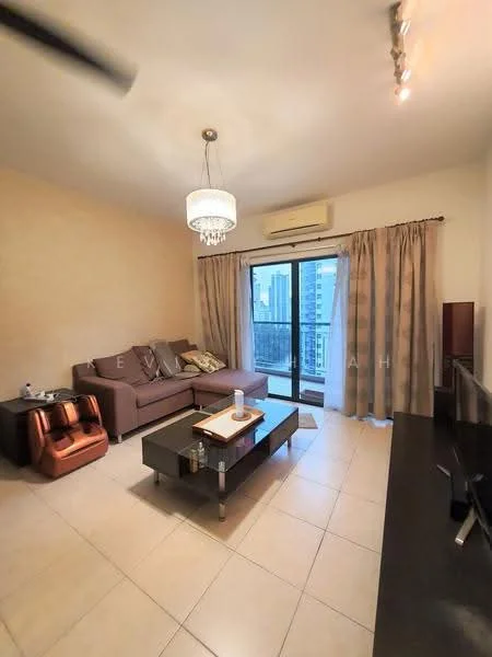 Living features: 3-seater fabric sofa in brown, coffee table with glass top, TV console, wall-mounted TV, chandelier, floor-to-ceiling windows, sliding glass door, curtains, tile flooring, air conditioning unit, decorative wall art; style: modern; view: city.