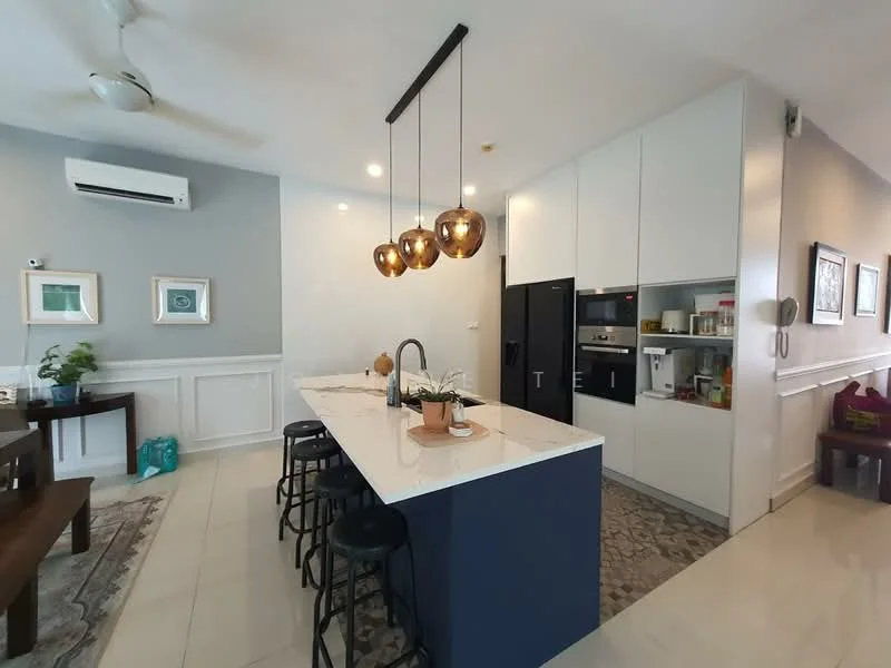 Kitchen features: white cabinets, blue island cabinetry, marble countertop, stainless-steel sink, chrome pull-down faucet, built-in oven, stainless-steel fridge, 3 pendant lights, wall-mounted split AC, tile flooring, decorative wall paneling, open shelving, bar stools; style: modern.