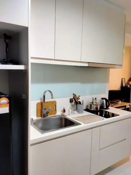 Kitchen features: white cabinetry, stainless-steel sink, chrome pull-down faucet, white countertop, built-in stove, kettle, cutting board, various kitchen utensils, wall-mounted shelf, tile backsplash; style: modern.