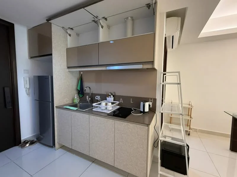 Kitchen features: light grey cabinetry, white countertop, stainless-steel fridge, built-in sink, chrome faucet, microwave, open shelving, recessed lighting, white tiled flooring, wall-mounted air conditioning unit; style: modern.