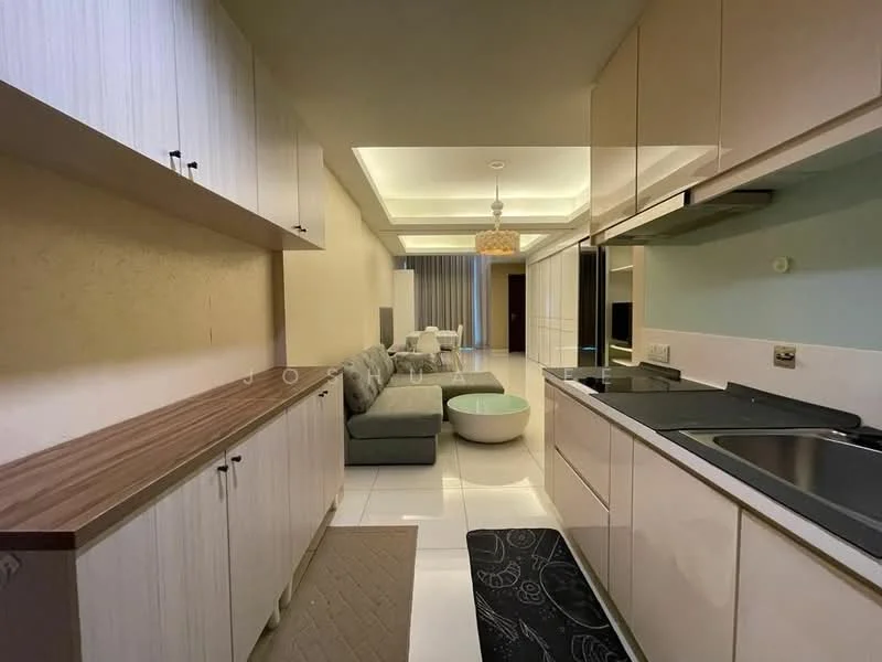 Kitchen features: white cabinetry with wood accents, laminate countertop, stainless-steel sink, chrome pull-down faucet, built-in stove, recessed downlights, white tiled backsplash, tile flooring, kitchen rug, open layout to living area; style: modern. Living features: 3-seater fabric sofa in grey, coffee table, TV console, wall-mounted TV, curtains, recessed ceiling with lighting, tile flooring; style: modern.