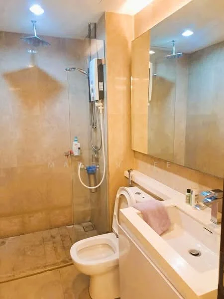 Bathroom features: walk-in shower with glass enclosure, rain shower head, handheld shower, single-sink vanity with white cabinet, chrome basin mixer, framed mirror, one-piece toilet, tile cladding on walls, tile flooring, wall-mounted water heater, recessed downlights; style: modern.
