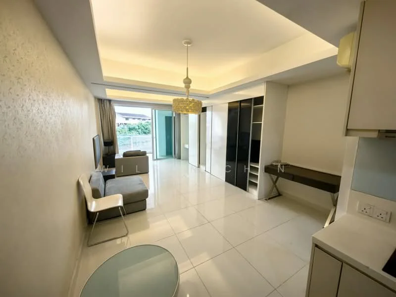 Living features: grey fabric sofa, glass coffee table, white walls, recessed ceiling lights, tile flooring, floor-to-ceiling windows, curtains, TV console, study desk with chair, open layout; style: modern; view: garden.