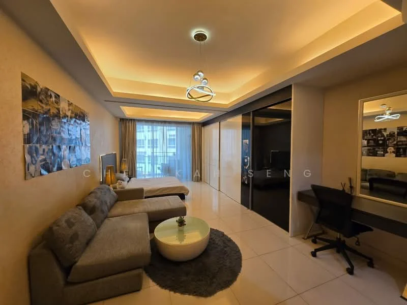 Living features: grey fabric sectional sofa, round coffee table, wall-mounted TV, floor-to-ceiling windows, sheer curtains, recessed downlights, decorative ceiling light, cream painted walls, white tiled flooring, study desk with chair, mirror on wall, artwork on wall; style: modern; view: city.