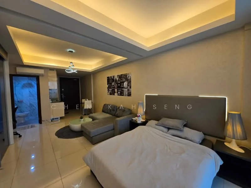 Bedroom features: king-size bed, upholstered headboard, grey fabric sofa, coffee table, recessed ceiling lights, wall-mounted light fixtures, white painted walls, glossy tile flooring, decorative wall art, built-in wardrobe, floor-to-ceiling windows, curtains, air conditioning unit; style: modern.