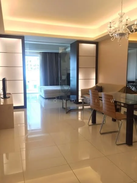 Living features: glossy porcelain tile flooring, cream painted walls, recessed downlights, chandelier, floor-to-ceiling windows, sheer curtains, TV console, sofa with cushions, dining table with wooden chairs, open layout, decorative wall paneling; style: modern; view: city.