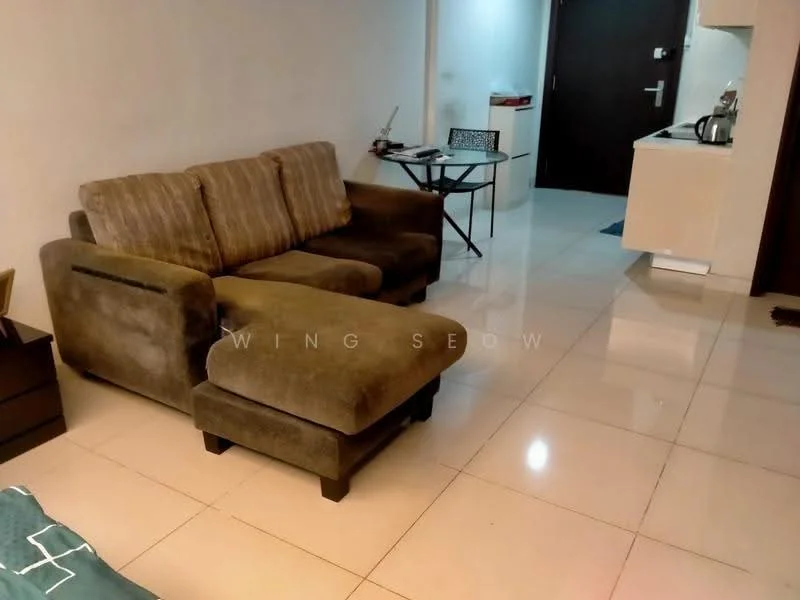 Living features: L-shape sectional sofa in brown, glass coffee table, white painted walls, polished ceramic tile flooring, floor-to-ceiling windows, recessed downlights, TV console, wall-mounted TV; style: modern. Kitchen features: white cabinetry, countertop, built-in appliances, open layout to living area; style: modern.