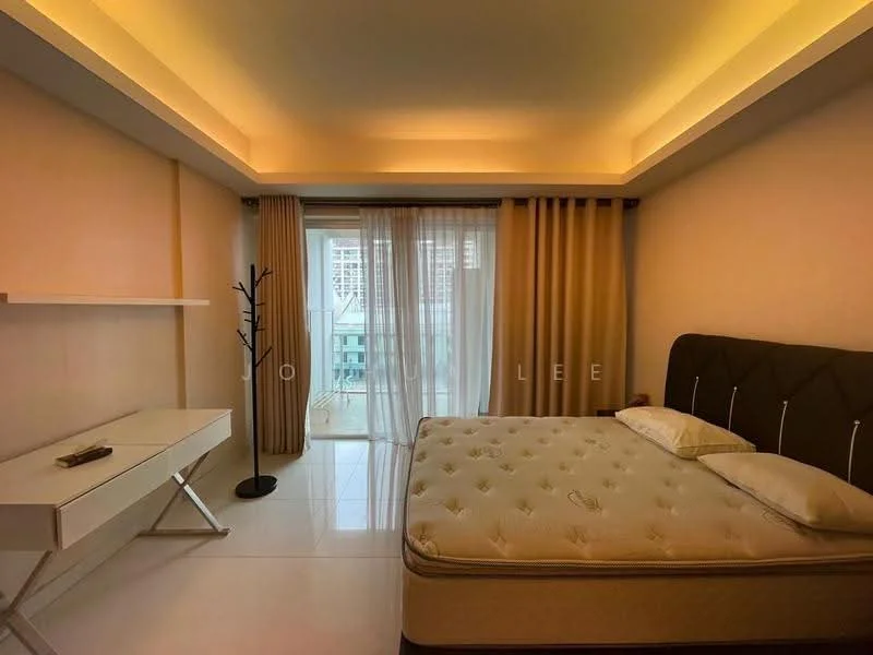 Bedroom features: queen-size bed, upholstered headboard, white bedding, floor-to-ceiling windows, sheer curtains, blackout curtains, white painted walls, recessed lighting, white tile flooring, minimalist bedside table, decorative wall shelf, decorative tree stand; style: modern; view: city.